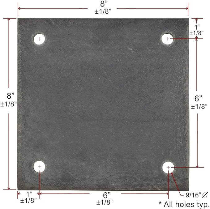 8" x 8" x 38" Hot Rolled A36 Steel Base Plate with (4) 916" Holes for 12" Bolts - Custom Fabricated