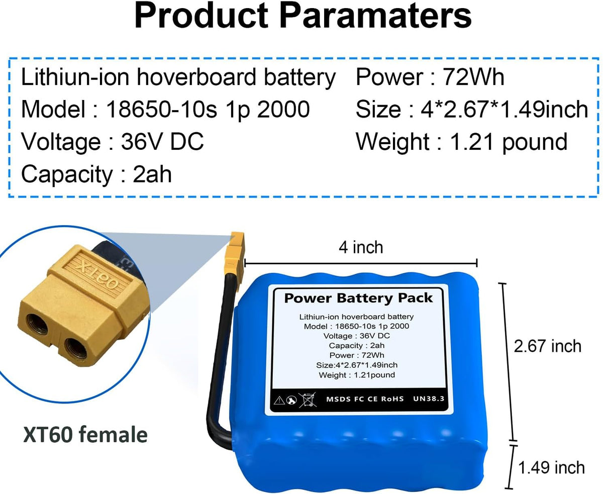 36V 2Ah Battery Universal Use with 72Wh Power High Performance Powerful Pack 10S1P, Size About 4 * 2.67 * 1.49 inch