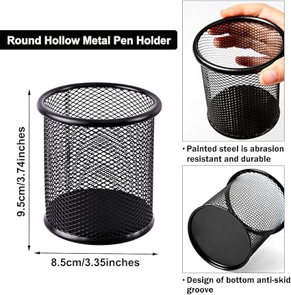 AKOAK 1 Count Desktop Pen Holder, Creative Grid Metal Pen Holder, Round Desktop Accessory and Workspace Organizer for Home, School and Office (Black)