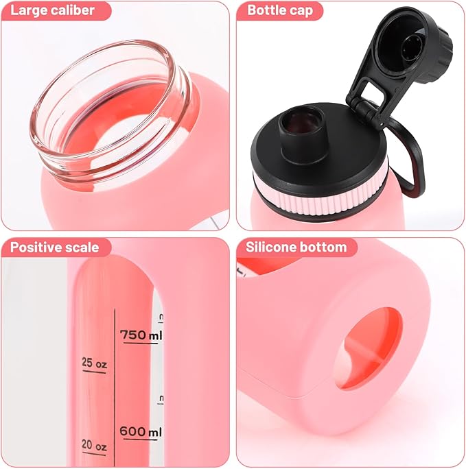 Glass Shaker Bottle,34oz/1L BPA-Free Blender Shaker Bottle With 304SS Ball and Retractable Cleaning Brush for Protein Mixes Fitness(Pink)