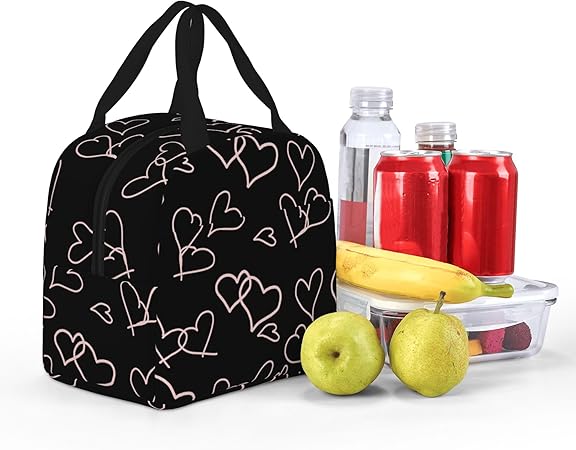 Cute Lunch Bags for Women Lunch Bag for Women,Reusable Insulated Lunch Box Thickening Insulated Cooler Bags for Work Picnic or Travel-Black Love Heart