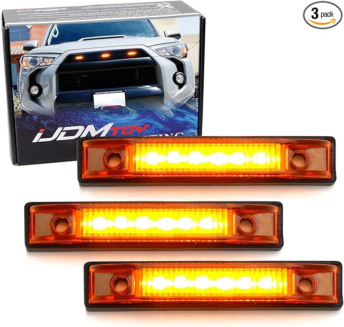 iJDMTOY 3pc Amber Lens Amber LED Center Grille Marker Lights Compatible With Toyota 2014-up 4Runner or 2012-up Tacoma TRD Pro w/Wiring and Hardware