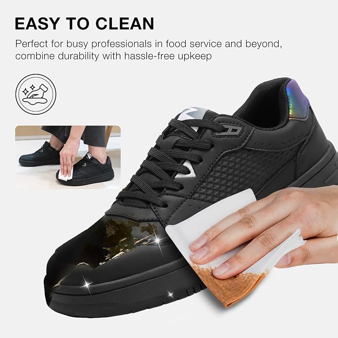8.5 Men, 10 Women, SPIEZ Non Slip Work Shoes for Men Women, Slip & Oil Resistant Food Service Shoes, Lightweight Reflective Deign Kitchen Sneakers - Restaurants Floor to Streetwear Ready, Black US 4.5-13.5