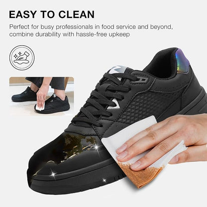 8.5 Men, 10 Women, SPIEZ Non Slip Work Shoes for Men Women, Slip & Oil Resistant Food Service Shoes, Lightweight Reflective Deign Kitchen Sneakers - Restaurants Floor to Streetwear Ready, Black US 4.5-13.5