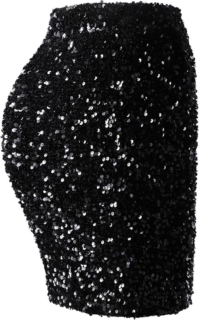 REEMONDE Women's Sequin Skirt Sparkle Stretchy Bodycon Mini Skirts Night Out Party
