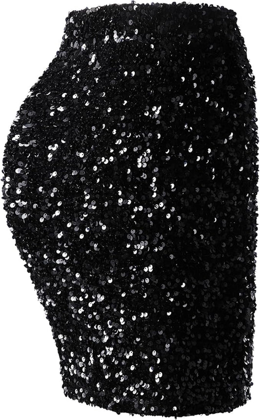 REEMONDE Women's Sequin Skirt Sparkle Stretchy Bodycon Mini Skirts Night Out Party