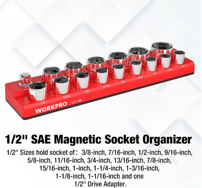 WORKPRO Magnetic 1/2-Inch SAE Socket Organizer - Holds 16 Standard & Deep Size Sockets