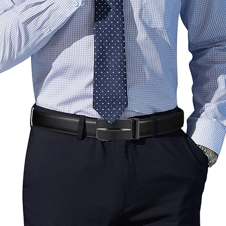SENDEFN Men's Leather Belt Automatic Ratchet Buckle Slide Belt for Dress Casual Trim to Fit with Gift Box
