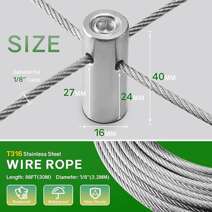 NEREUS Wire Trellis 20 Pack T316 Stainless Steel Hubs with 98FT 18" Wire Rope, Cable Trellis System for Climbing Plants, Tensioned Wire Trellis Kits for Brick Wall