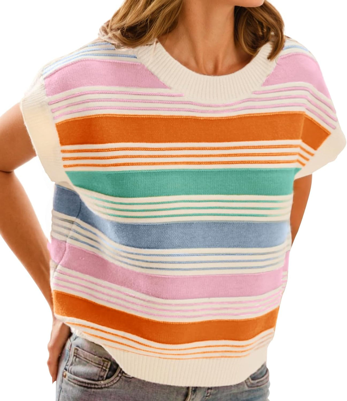 FireSwan Womens Cap Sleeve Sweater Vest Striped Color Block Loose Tank Tops Trendy Vacation Outfits Cute Summer Spring Top