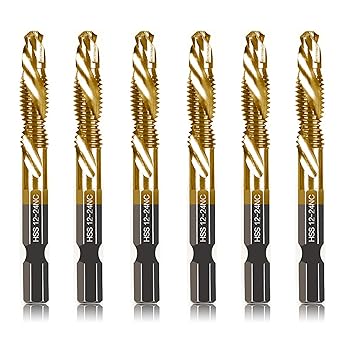 6-pc 12-24NC Combination Drill Tap Bit Set SAE, 12-24NC Thread Size, Titanium Coated High-Speed Steel, Ideal for Drilling Threading and Countersinking in Soft Metal Wood and Plastic, 14 Hex Shank