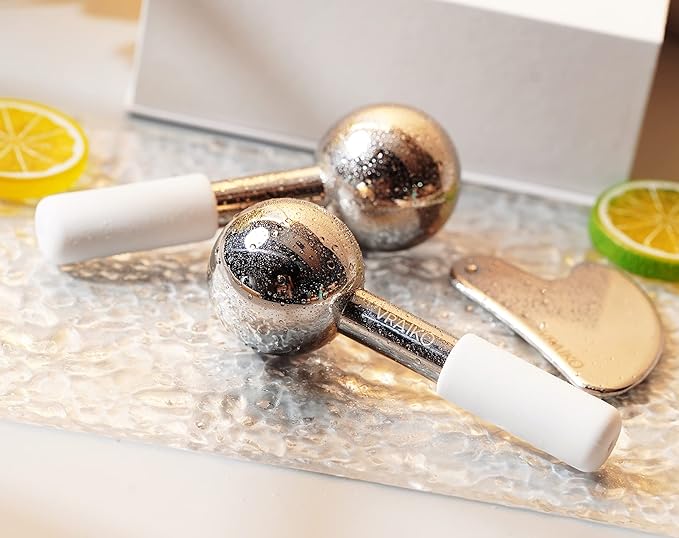 ICE Globes for Facials  Gua Sha Set, Gua Sha Facial Tools and Cryo Sticks with Unbreakable Steel, Face Massager Cooling Rollers for Dark Circles, Puffiness and Lymphatic Drainage (White)