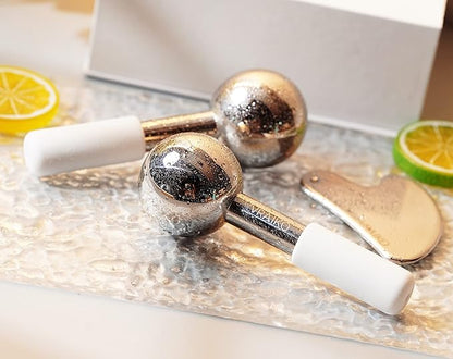 ICE Globes for Facials  Gua Sha Set, Gua Sha Facial Tools and Cryo Sticks with Unbreakable Steel, Face Massager Cooling Rollers for Dark Circles, Puffiness and Lymphatic Drainage (White)