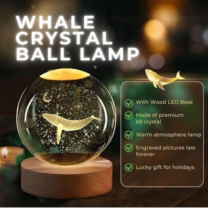 Flexzion 3D Whale Crystal Ball Night Light - LED Light Hologram Glass Lamp with Solid Wood Base, USB Powered Crystal Ball Lamp with Adjustable Brightness for Home Decor Display Gift, 2.4inch(60mm)