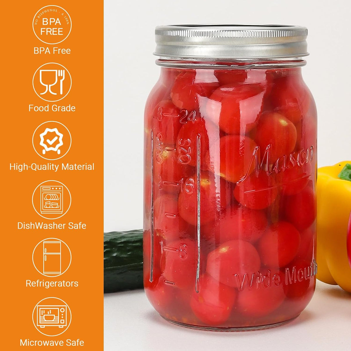 CycleMore 32oz Mason Jar, Large Glass Mason Jar with Metal Airtight Lid and Band, Wide Mouth Glass Jar, 1 Quart Canning Jar for Pickling, Fermenting, Food Storage & DIY Projects (1 Jar)