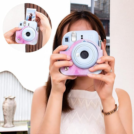 MUZIRI KINOKOO Case for Fujifilm Fuji Instax Mini 12Fuji Mini 12 Instant Camera - PU Leather Protective Case Cover Bag with Adjustable Shoulder Strap - Blue Pink Watercolor