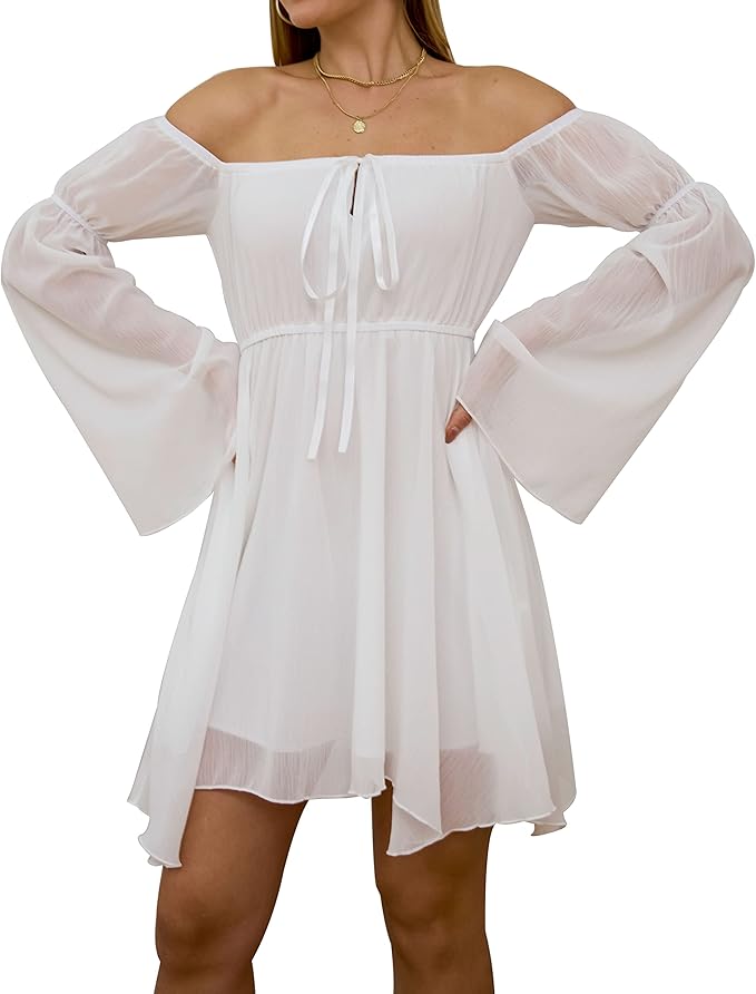 ETATNG Womens Summer Off Shoulder Bell Sleeve Lace Up High Waist Party Travel Irregular Mini A Line Dress