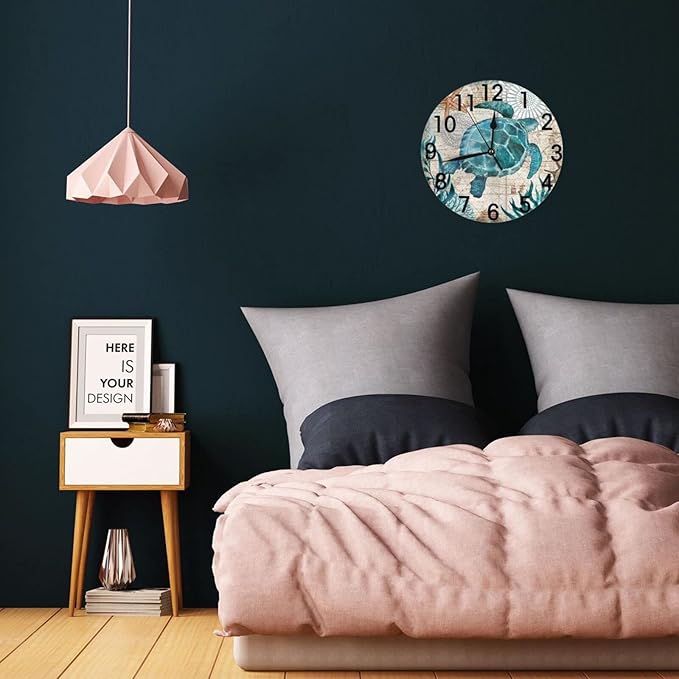 Sea Turtle Nautical Map Retro Wall Clock Battery Operated Silent Round Clock Wall Decor for Home Office School, 12 Inch