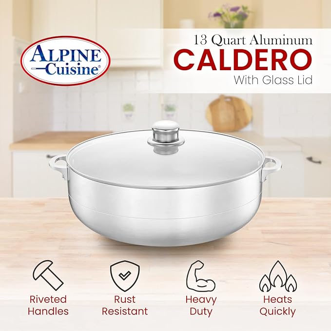 Alpine Cuisine 13 quart aluminum cauldron pot with glass lid, Dutch oven performance for even heat distribution, perfect for serving large and small groups,