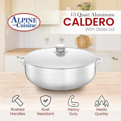 Alpine Cuisine 13 quart aluminum cauldron pot with glass lid, Dutch oven performance for even heat distribution, perfect for serving large and small groups,