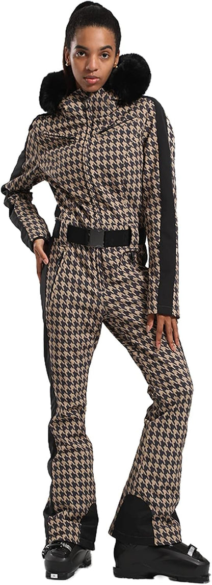 Black & white small GSOU SNOW Womens Ski Suit One Piece Snowsuit Snowboard Slim Insulated Jumpsuit Jacket Waterproof Windproof for Outdoor Sports