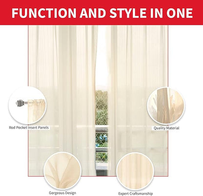 Sapphire Home Beige Sheer Curtains - 84 Inches Length, 2 Panels Set Sheer Drapes, Light Filtering Textured Window Curtain for Living Room, Bedroom, Kitchen, and Dining Room - 54"x84", BeigeCream