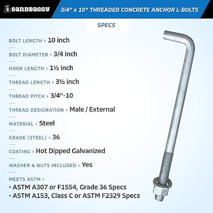 Sandbaggy 34" x 10" Threaded Concrete Anchor L-Bolts (Nuts  Washers Included) - Hot Dipped Galvanized - Sill Plate, Base Plate, Masonry, Wood, Cement Anchors, J Bolt (1, 34" x 10")