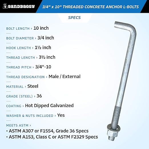 Sandbaggy 34" x 10" Threaded Concrete Anchor L-Bolts (Nuts  Washers Included) - Hot Dipped Galvanized - Sill Plate, Base Plate, Masonry, Wood, Cement Anchors, J Bolt (1, 34" x 10")