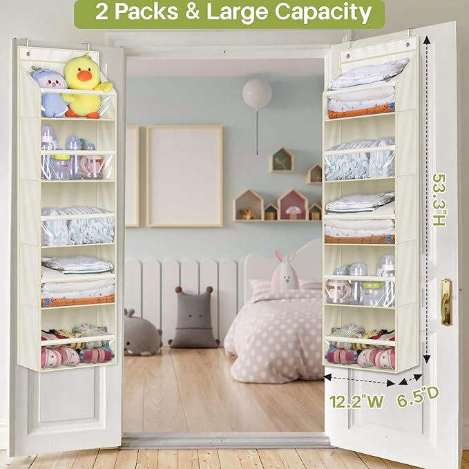 AOODA 1 Pack Over the Door Organizer, Large Capacity Closet Door Hanging Organizer, Clear Deep Pockets Baby Storage for Nursery, Bathroom, Bedroom, Pantry, Diapers (Light Beige)