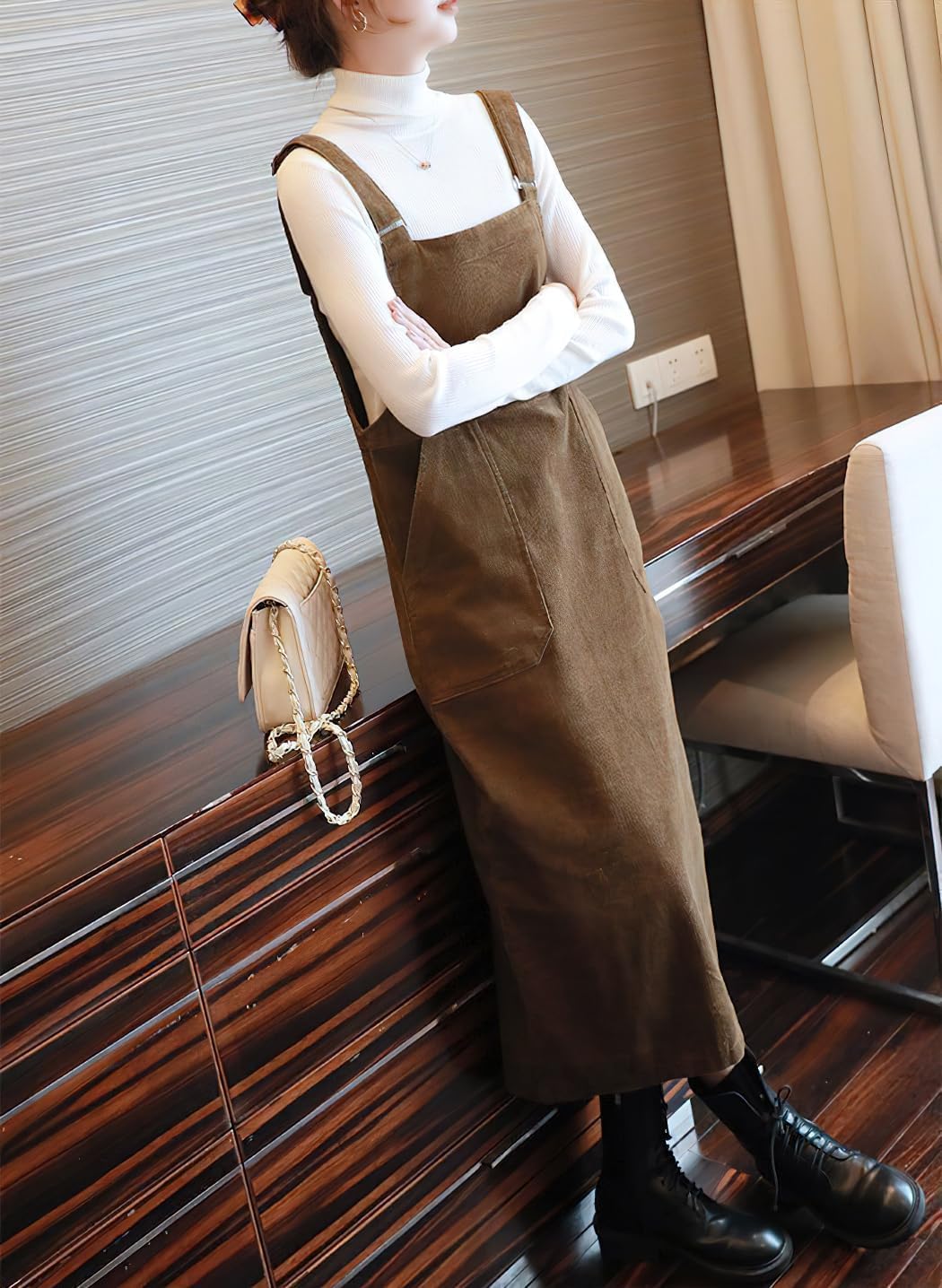 Womens Cute Corduroy Adjustable Strap Overall Dress fringe Pinafore Baggy Maxi Long Tank Dress