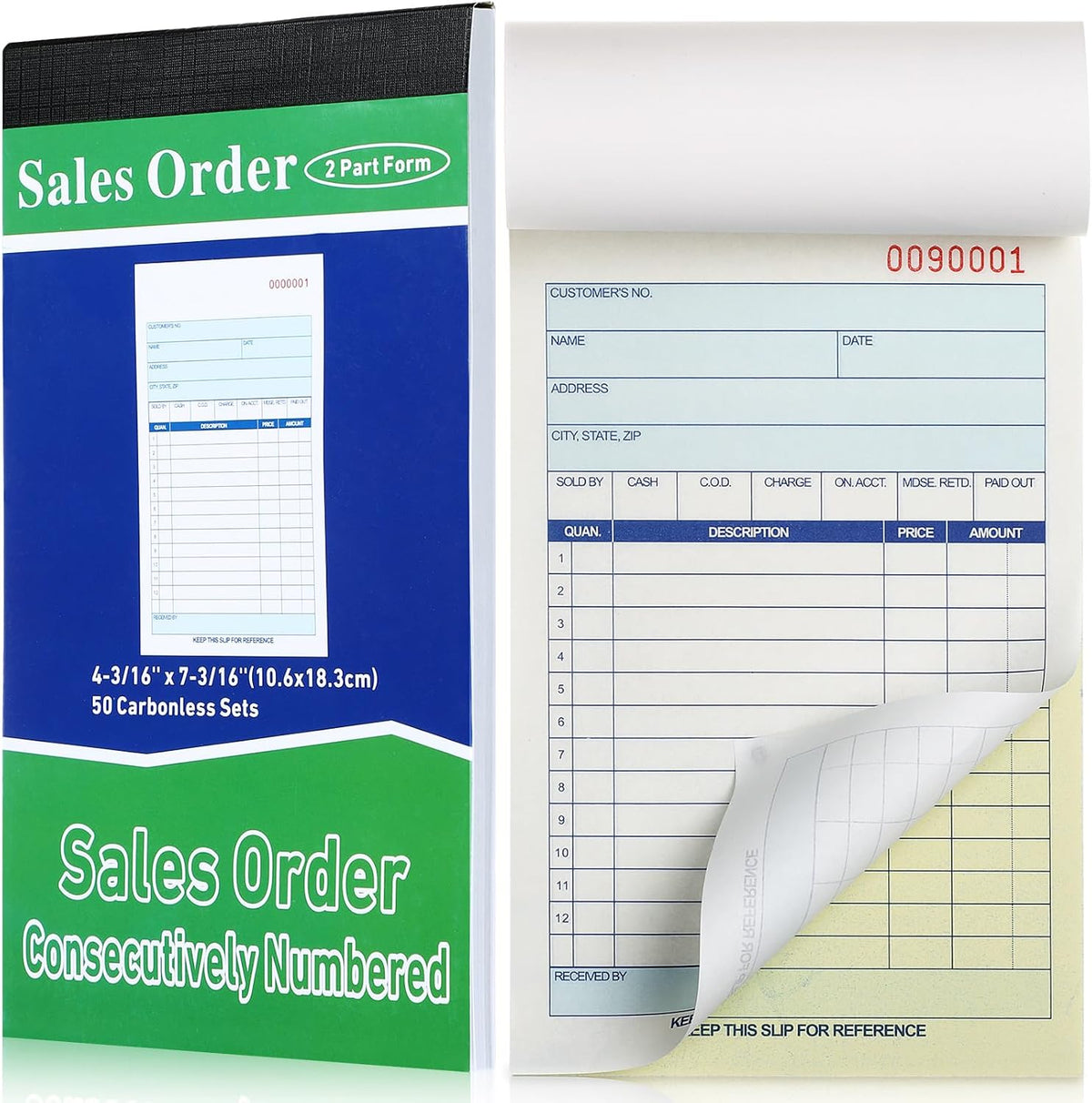 1 Pads Sales Order Books 2 Part Carbonless (White/Canary Yellow) Receipt with Carbon Copies Cover Receipt Form Invoice 50 Sets Per Book (4.18 x 7.2 Inch/ 10.6 x 18.3 Cm)