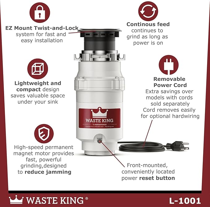 Waste King 1/2 HP Garbage Disposal with Power Cord for Kitchen Sink Food Waste, L-1001
