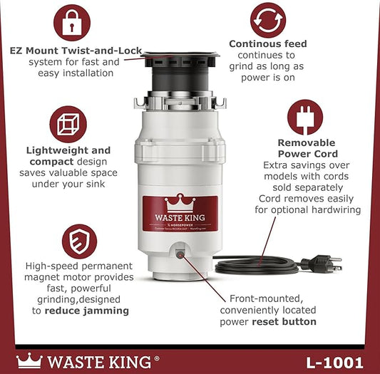 Waste King 1/2 HP Garbage Disposal with Power Cord for Kitchen Sink Food Waste, L-1001