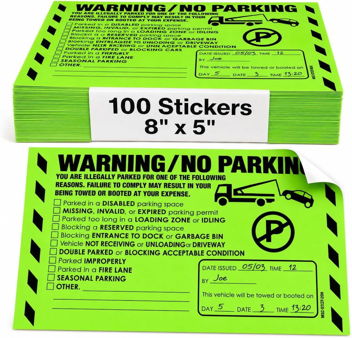 95 MESS Parking Violation Stickers 8x5 in – Green Multi-Reason Warning Labels for Towing & Improper Parking – Super Sticky & Hard to Remove
