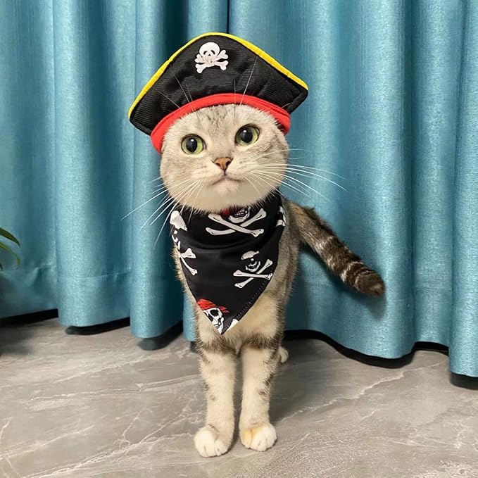Pet Pirate Costume Cat Pirate Costumes Pet Pirate Hat Pirate Skull Triangle Bandana Halloween for Dogs Cats with Skull Hat Pirates Party Necklace for Pet Captain Headwear for Cat