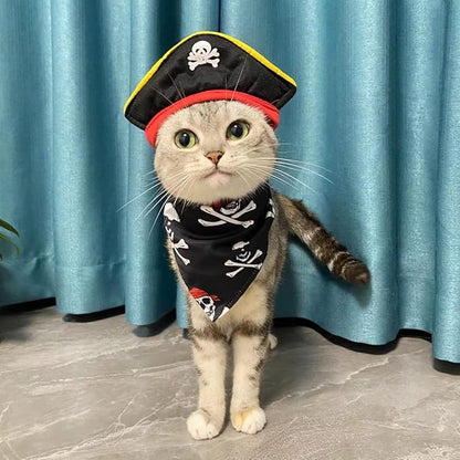 Pet Pirate Costume Cat Pirate Costumes Pet Pirate Hat Pirate Skull Triangle Bandana Halloween for Dogs Cats with Skull Hat Pirates Party Necklace for Pet Captain Headwear for Cat