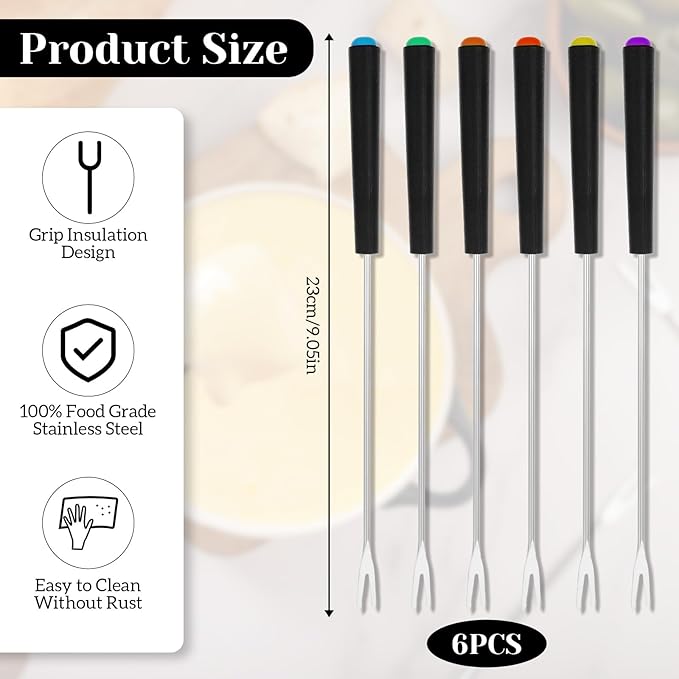 Giantree 6Pcs Fondue Forks Stainless Steel, 9 Inch Fondue Cheese with Heat Resistant, Fondue Sticks Fruit Fork, Chocolate Fondue Set for Chocolate Fountain Cheese Fondue Dessert Meat