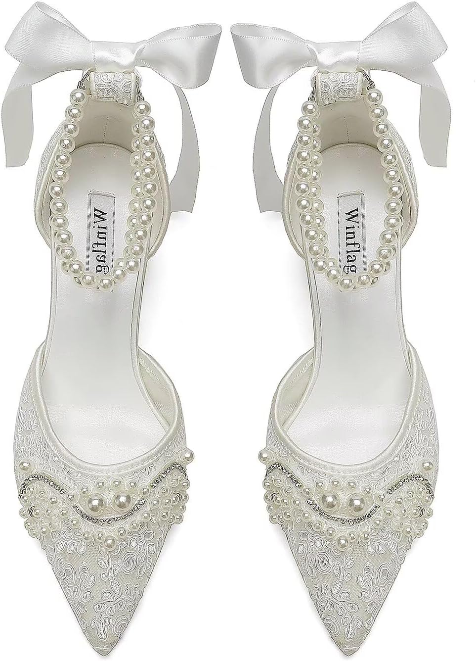 Lace Pearl Wedding Shoes for Bride Block Heel Bridal Shoes Closed Toe Wedding Heels.