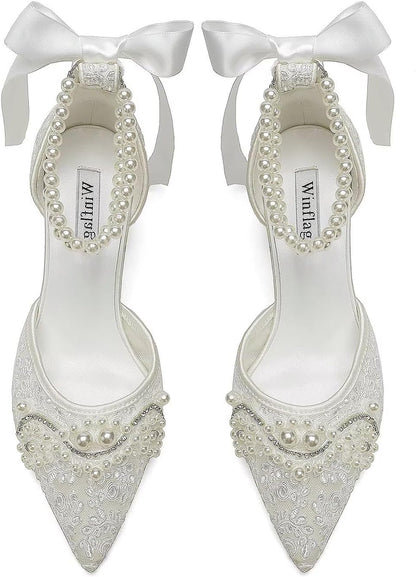 Lace Pearl Wedding Shoes for Bride Block Heel Bridal Shoes Closed Toe Wedding Heels.