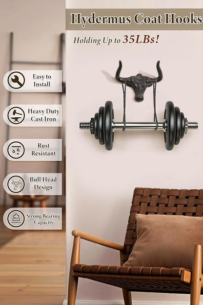 Cast Iron Coat Hooks Wall Mount 2 Pack Outdoor Western Decorative Wall Hooks Heavy Duty Towel Hooks for Bathroom Entryway Closet Cow Bull Animal Hooks Western Rustic Farmhouse Wall Decor, Antique Rust