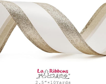 LaRibbons Glitter Wired Ribbon 2.5 Inch Wide 10 Yard Gold Metallic Satin Ribbon for Christmas Tree Garland, Wreath Bow, Craft,Gift Wrapping, Home Decor