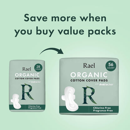 Rael Organic Cotton Cover Pads - Regular Absorbency, Unscented, Ultra Thin Pads with Wings for Women (Regular, 28 Count)