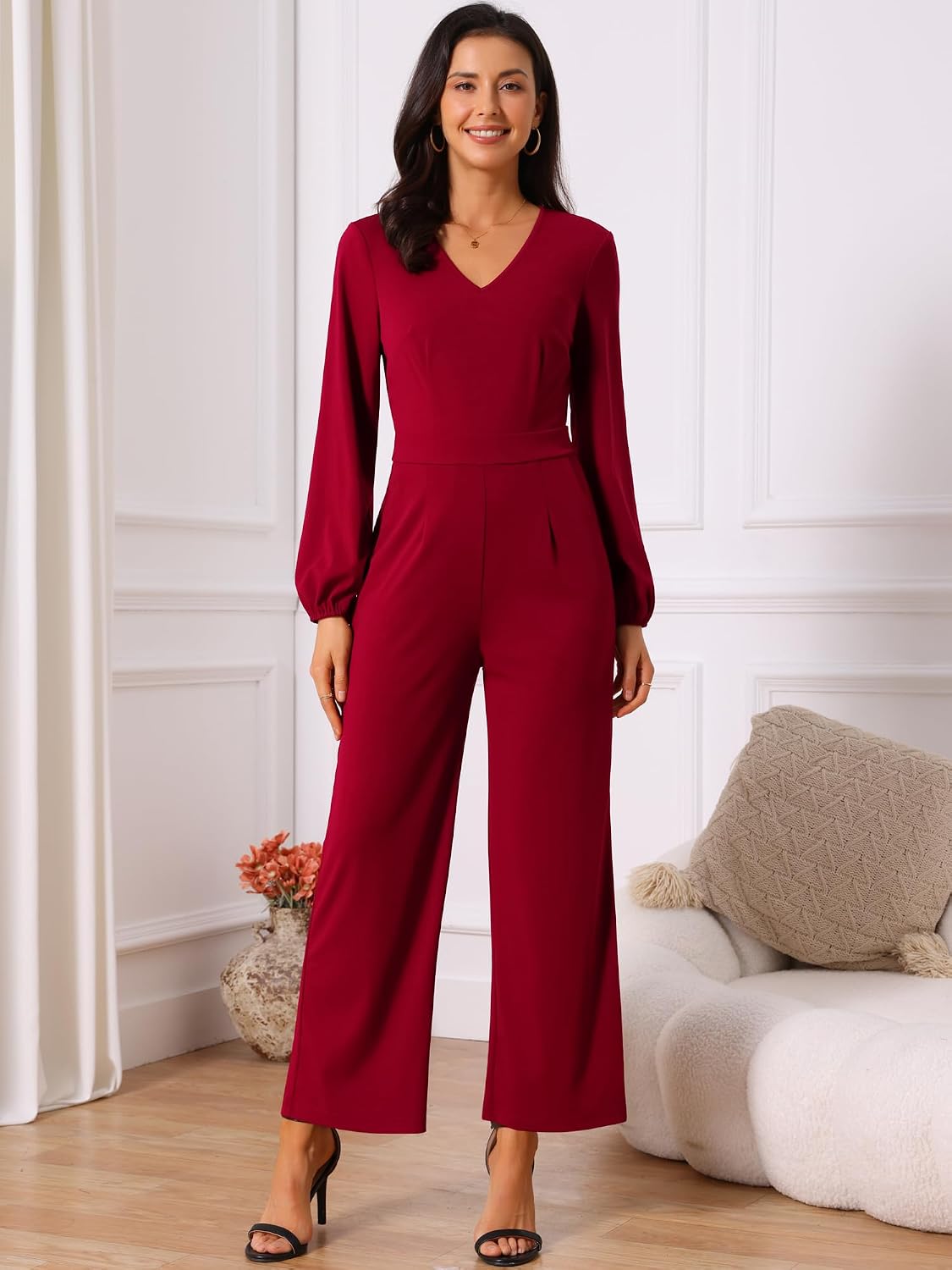 Seta T Women's V Neck Long Sleeve High Waist Wide Leg Casual Jumpsuits with Pockets.