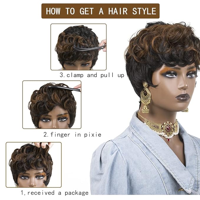 Short Pixie Cut Wigs for Black Women Short Curly Hair Layered Wavy Pixie Cut Wigs With Bangs Short Wigs for Black Women Black Mixed Brown Pixie Wigs for Women Short Brown Wig (Black Mixed Brown)