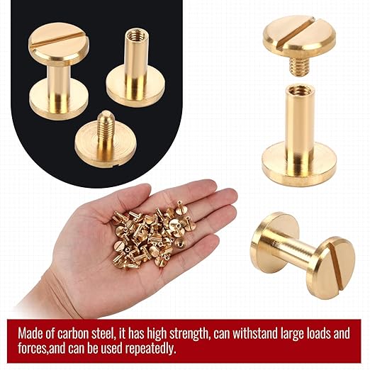 Chicago Binding Screws - 4mm x 10mm Binding Posts - 10mm Phillips Nut - Chicago Screw Binding Post Screw Kit for DIY Leather Decoration Scrapbook Photo Albums (Brass, 25 PCS)