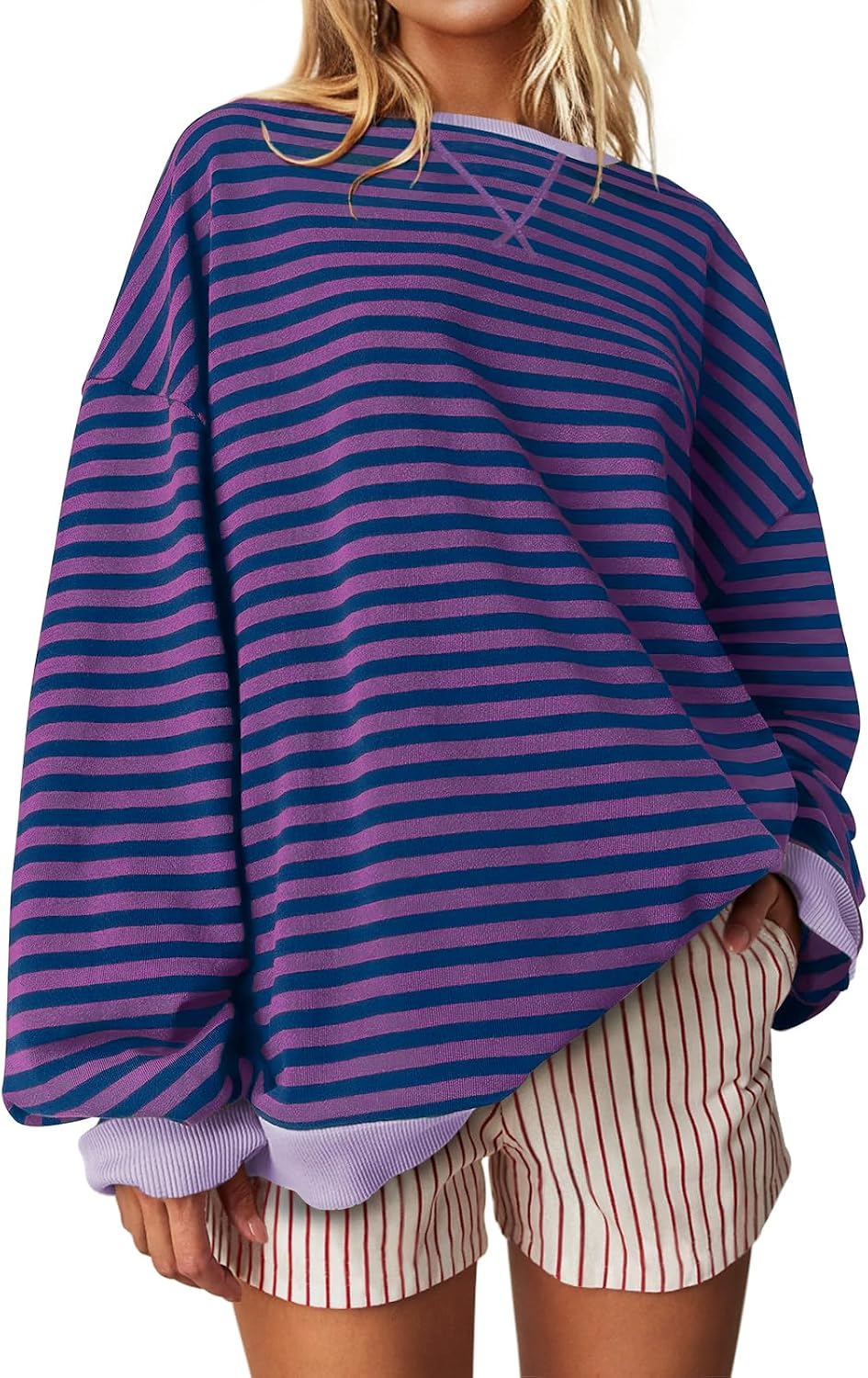 UEU Women Oversized Striped Crewneck Sweatshirt Long Sleeve Color Block Pullover Tops Casual Loose Workout Shirt