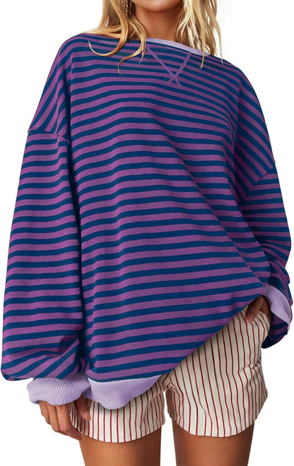 UEU Women Oversized Striped Crewneck Sweatshirt Long Sleeve Color Block Pullover Tops Casual Loose Workout Shirt