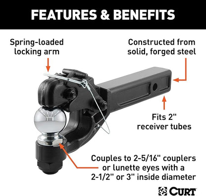 CURT 48006 Pintle Hitch with 2-516-Inch Trailer Ball, Fits 2-Inch Receiver, 16,000 lbs, 15-14-Inch Length