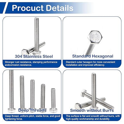 MroMax 5Pcs M8 x 80mm Hex Head Screws Bolts, 304 Stainless Steel 18-8, Fully Threaded, External Hex Drive, for Mounting Chair, Handles, Rail, Pump, Wheels, Antenna Parts, Boat and Plastic Bumpers