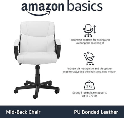 Basics Office Computer Task Desk Chair with Padded Armrests, Mid-Back, Adjustable, 360 Swivel, Rolling, 275 Pound Capacity, 24.2"D x 24"W x 38.6"H, BIFMA Certified, White Faux Leather